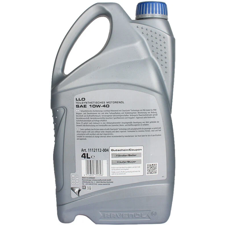 Variklinė alyva RAVENOL 10W-40 LLO CLEANSYNTO 4 L 1112112-004-01-999 | PriusParts.lt