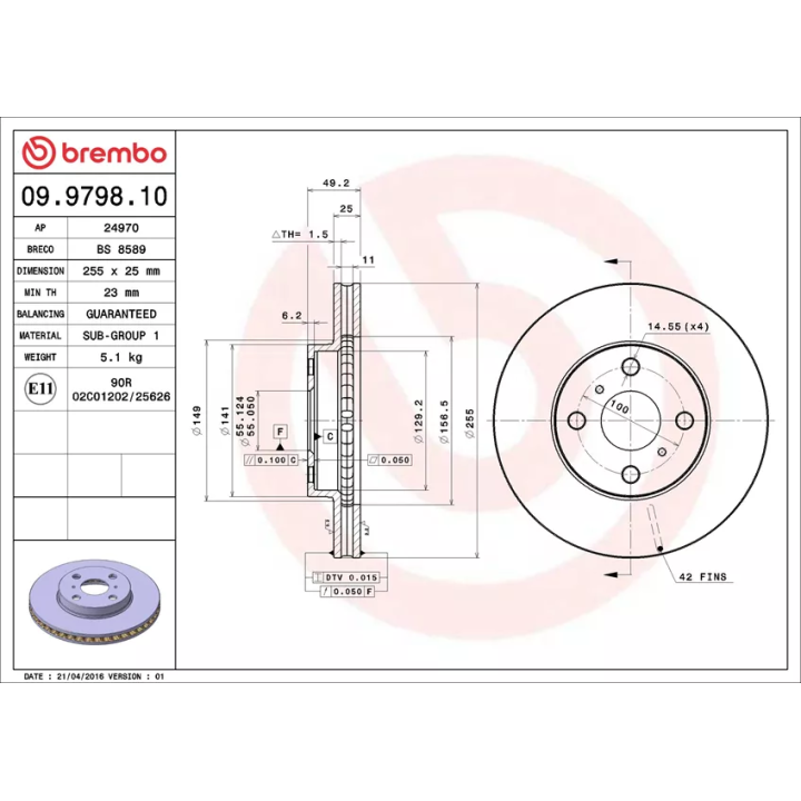 Prius I (XW10) 1997–2003 Stabdžių diskas BREMBO 09.9798.10 | PriusParts.lt
