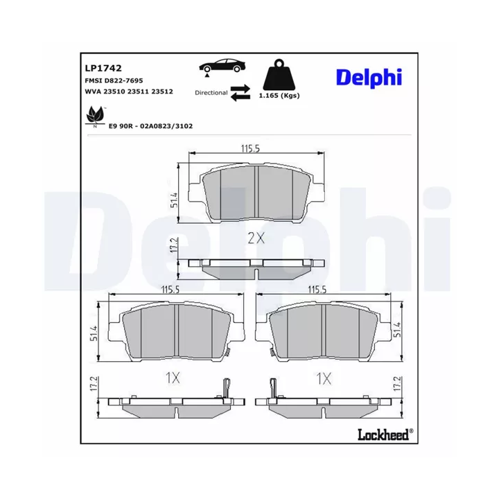 Prius I (XW10) 1997–2003 Brake Pad Set, disc brake DELPHI DELLP1742 | PriusParts.lt