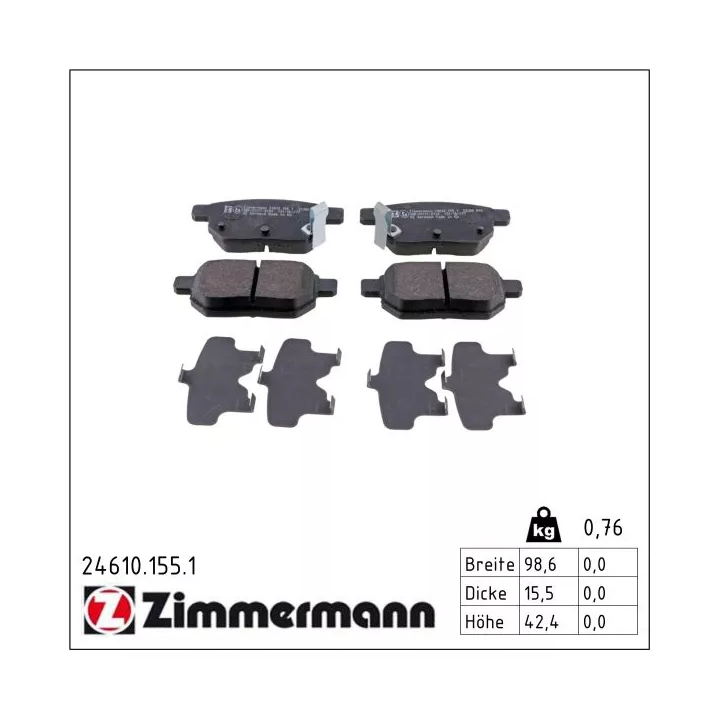Toyota Prius Brake Pad Set, disc brake ZIMMERMANN 24610.155.1 | PriusParts.lt
