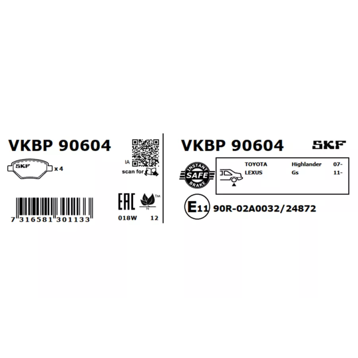 Prius+ (ZVW40/41) 2011–2021 Stabdžių kaladėlių komplektas SKF VKBP 90604 | PriusParts.lt