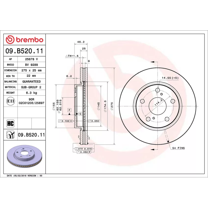 Prius+ (ZVW40/41) 2011–2021 Stabdžių diskas BREMBO 09B52011 | PriusParts.lt
