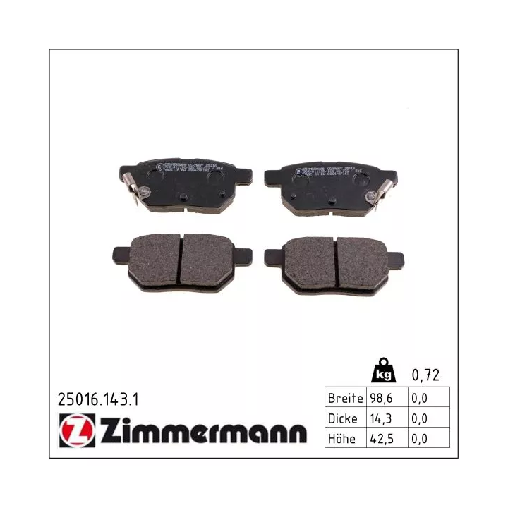 Prius+ (ZVW40/41) 2011–2021 Brake Pad Set, disc brake ZIMMERMANN 25016.143.1 | PriusParts.lt