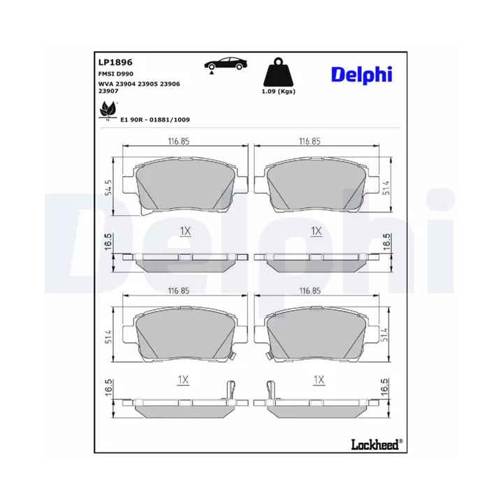Prius II (XW20) 2003–2009 Brake Pad Set, disc brake DELPHI DELLP1896 | PriusParts.lt