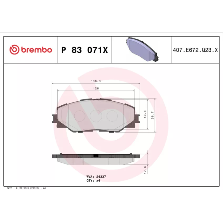Toyota Prius Brake Pad Set, disc brake BREMBO P 83 071X | PriusParts.lt