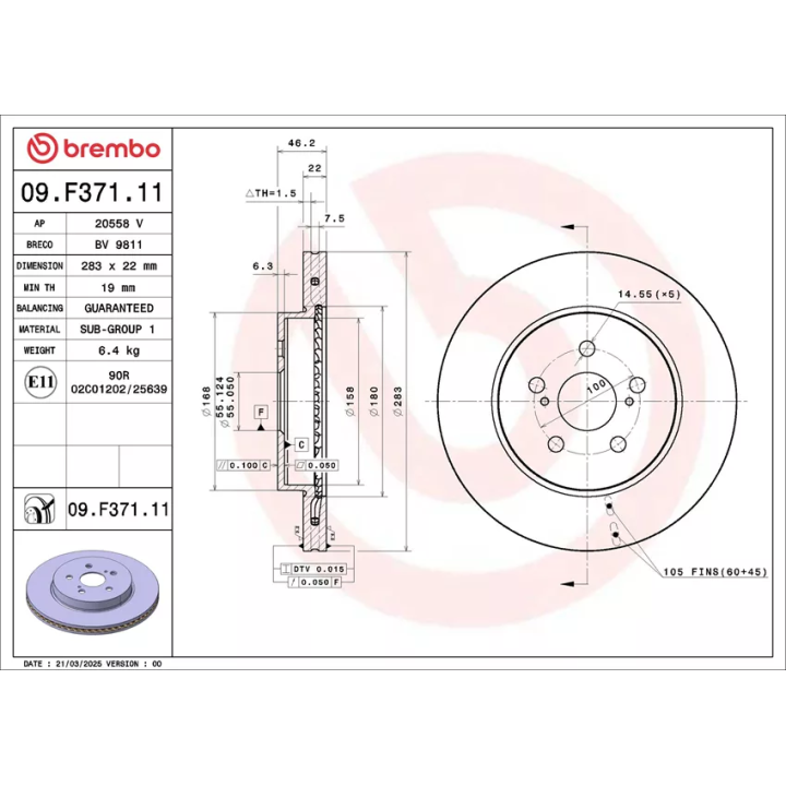 Prius IV PHV / Plug-in (XW52) Stabdžių diskas BREMBO 09.F371.11 | PriusParts.lt
