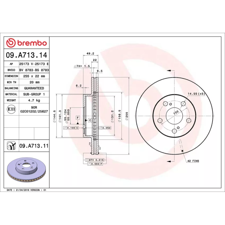 Prius II (XW20) 2003–2009 Brake Disc BREMBO 09.A713.11 | PriusParts.lt