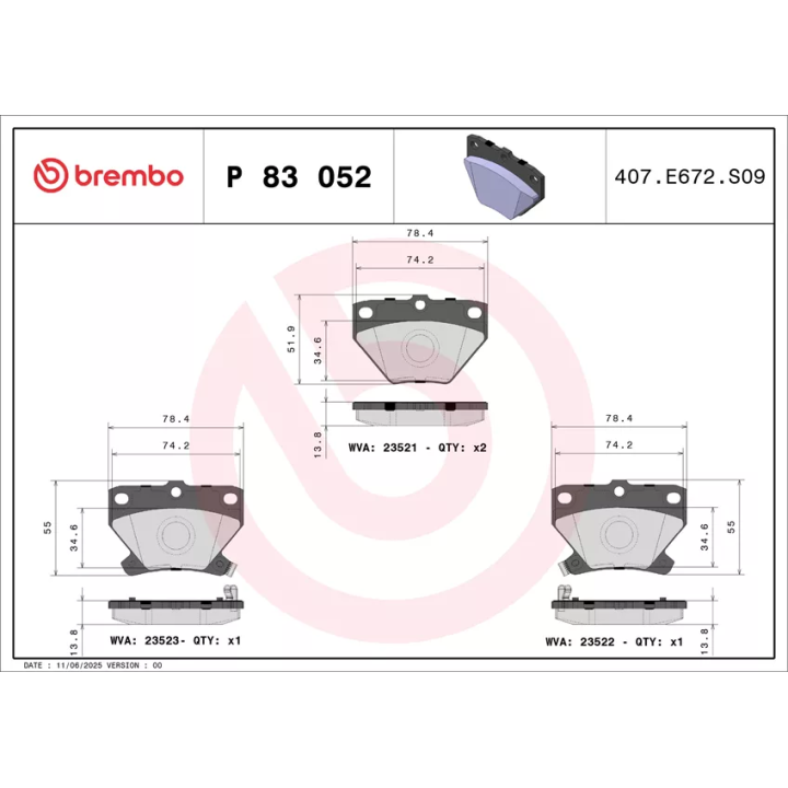 Toyota Prius Stabdžių kaladėlių komplektas BREMBO P 83 052 | PriusParts.lt