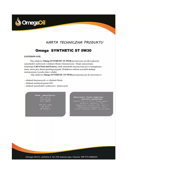 Variklinė alyva OMEGAOIL OMEGA 5W-30 SYNTHETIC ST 5 L ST5L | PriusParts.lt