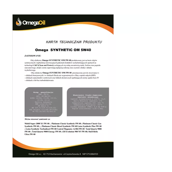Variklinė alyva OMEGAOIL OMEGA 5W-40 SYNTHETIC OM 5 L OM5L | PriusParts.lt