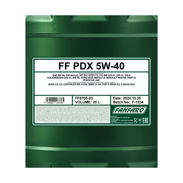 Variklinė alyva SCT - MANNOL FANFARO 5W-40 PDX C2 C3 A3/B4 20 L FF6705-20 | PriusParts.lt