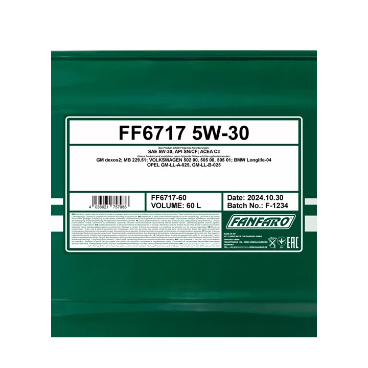 Engine Oil SCT - MANNOL FANFARO 5W-30 OPEL DEXOS2 C3 60 L FF6717SP-60 | PriusParts.lt