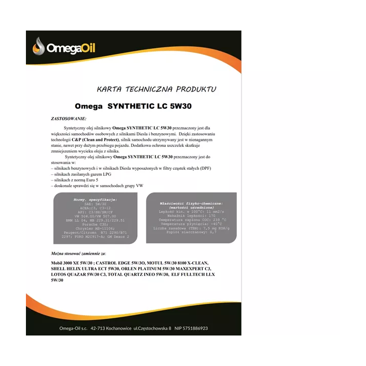 Variklinė alyva OMEGAOIL OMEGA 5W-30 SYNTHETIC LC 1 L LC1L | PriusParts.lt